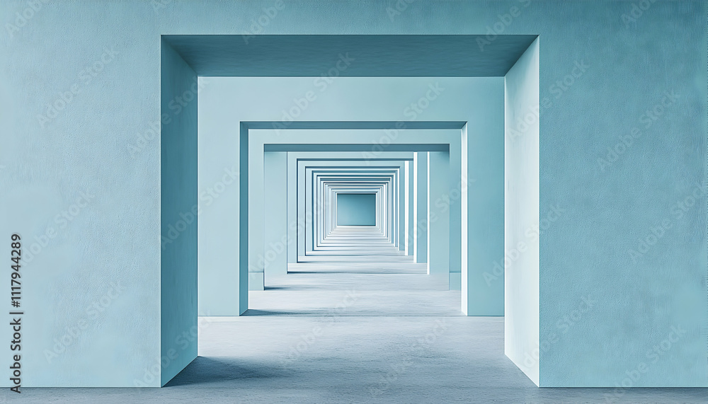 Abstract architectural hallway, receding perspective, light blue walls, minimalist design, endless corridor, modern architecture, clean lines, interior design. Abstract architectural hallway, receding perspective, light blue walls, minimalist design, endless corridor, modern architecture, clean lines, interior design.