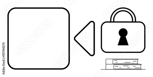 Lock with keyhole, play button, empty square, and stack of books illustrating security, privacy, knowledge, education, and digital content protection. Ideal for cybersecurity e-learning data