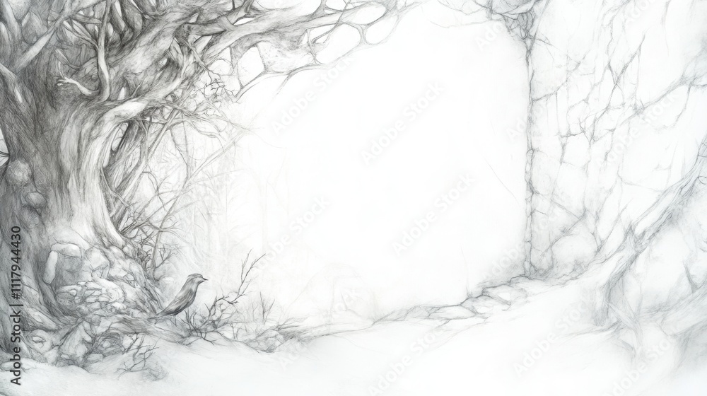 Detailed pencil drawing of a mystical forest with twisted trees, a lone bird, and rugged stone elements, evoking a sense of mystery, solitude, and natural beauty in monochrome. Detailed pencil drawing of a mystical forest with twisted trees, a lone bird, and rugged stone elements, evoking a sense of mystery, solitude, and natural beauty in monochrome.