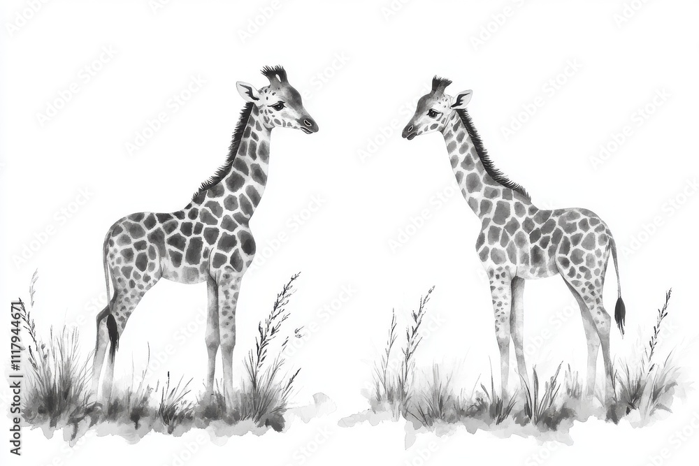 Obraz premium Two stylized giraffes standing in a grassy area, illustrated in monochrome.