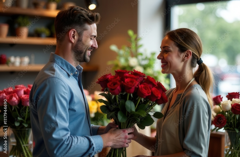 A man buys a bouquet of red roses from a seller in a flower shop A man buys a bouquet of red roses from a seller in a flower shop