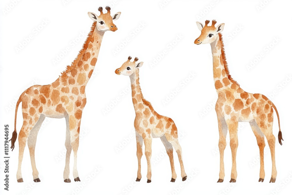 Fototapeta premium Three watercolor giraffes in different sizes, showcasing their unique features and charm.