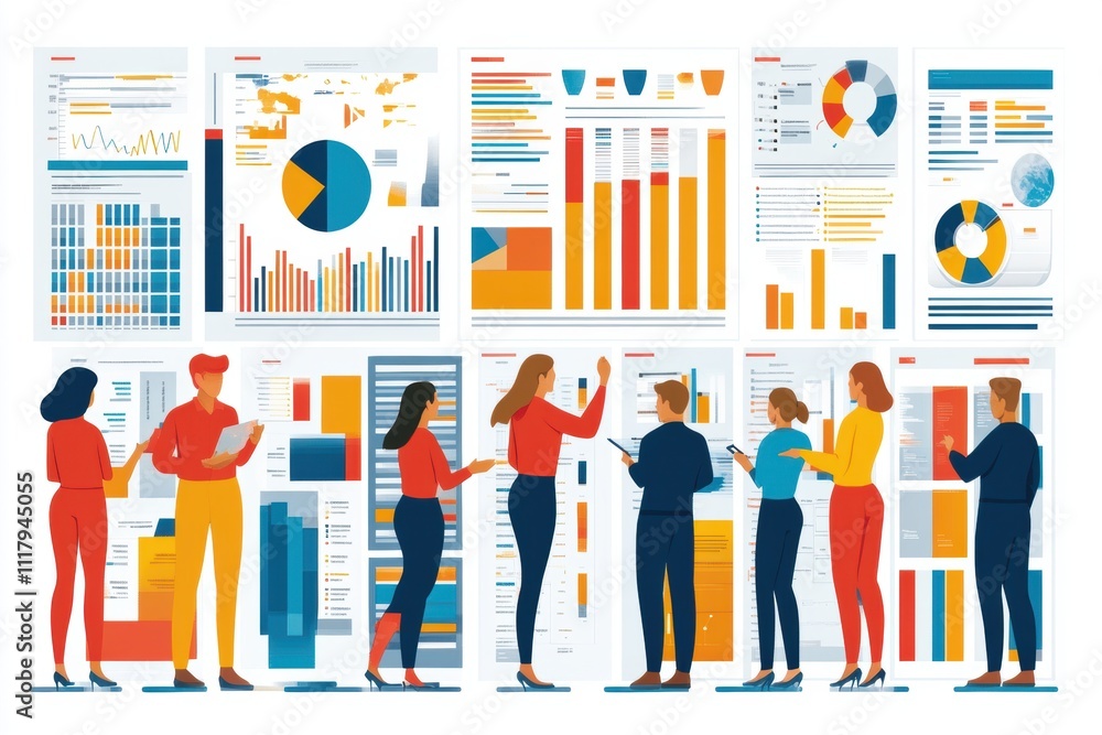 Fototapeta premium Team collaboration reviewing data analytics reports in office workspace modern design professional environment engaging perspective