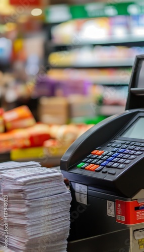 Contemporary cash register surrounded by piles of receipts in a blurred supermarket scene photo