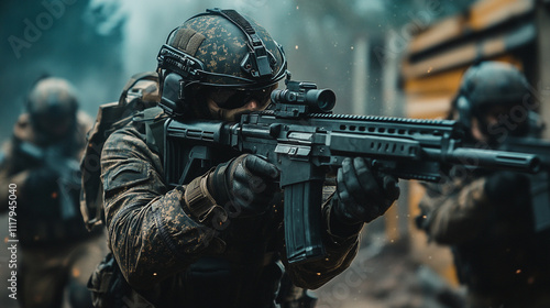 Soldiers in tactical gear engage in training exercise during a combat simulation