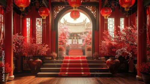 Wallpaper Mural Red Chinese courtyard with blossoming trees, lanterns, and a red carpet leading to an archway. Torontodigital.ca