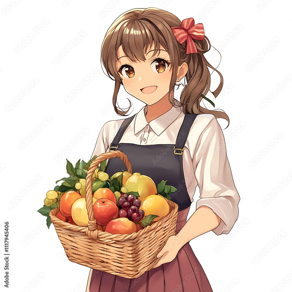 Anime-style staff member with a wrapped fruit basket on a white background Anime-style staff member with a wrapped fruit basket on a white background