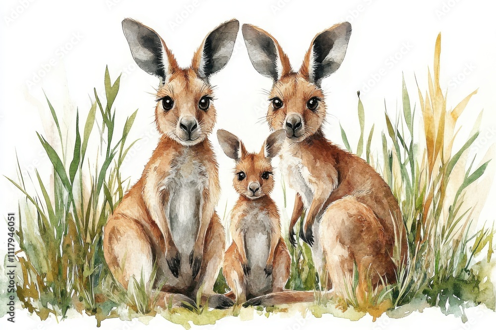 Fototapeta premium A watercolor illustration of three kangaroos in a grassy setting.