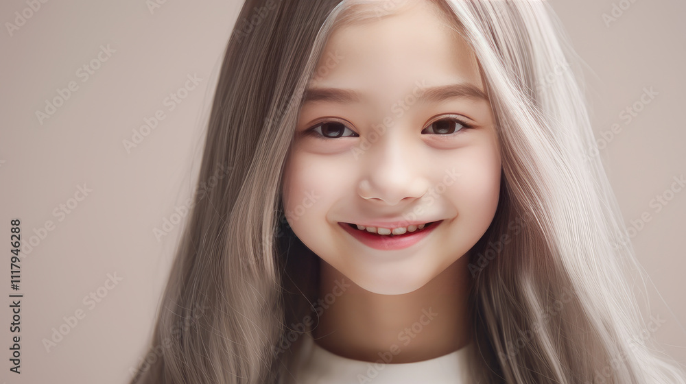 Portrait of asian girl child with long white hair creamy beige background. Portrait of asian girl child with long white hair creamy beige background.