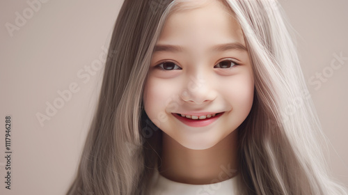 Portrait of asian girl child with long white hair creamy beige background.