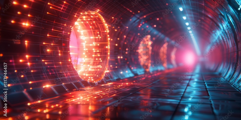 Futuristic tunnel with glowing red and blue circular lights and a sleek reflective floor, symbolizing advanced technology Futuristic tunnel with glowing red and blue circular lights and a sleek reflective floor, symbolizing advanced technology
