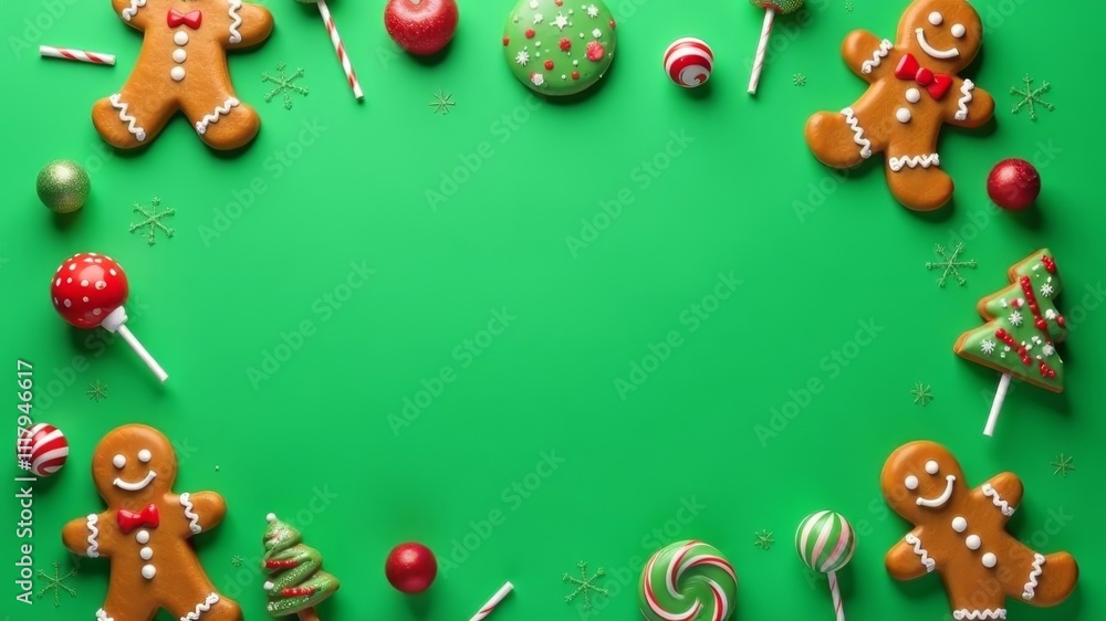 Green template with empty center prepared for text, surrounded by gingerbread and lollipops, New Year's atmosphere. Green template with empty center prepared for text, surrounded by gingerbread and lollipops, New Year's atmosphere.