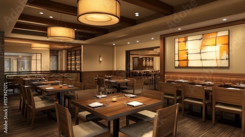 A modern restaurant interior with wooden furniture and warm lighting, designed for dining.