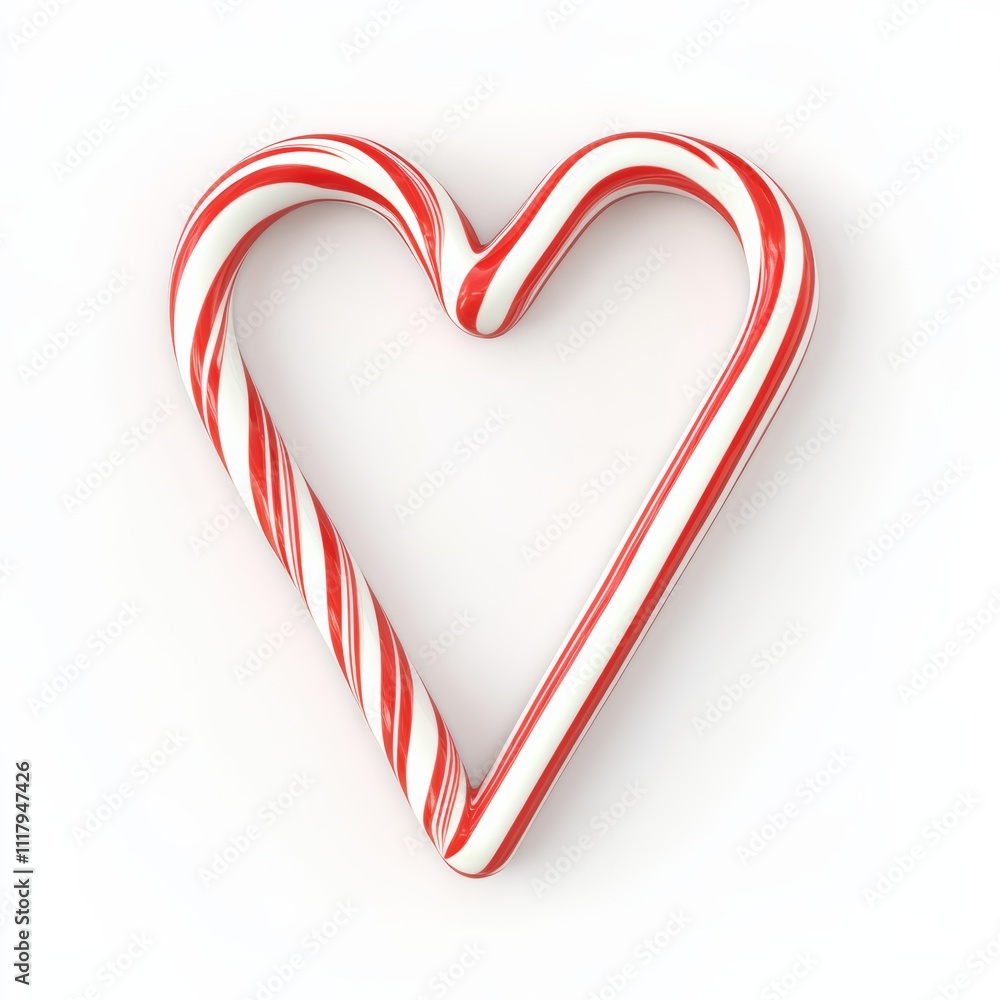 Cute 3D candy cane heart shape, with minimal stripes in red and white, isolated on white background Cute 3D candy cane heart shape, with minimal stripes in red and white, isolated on white background