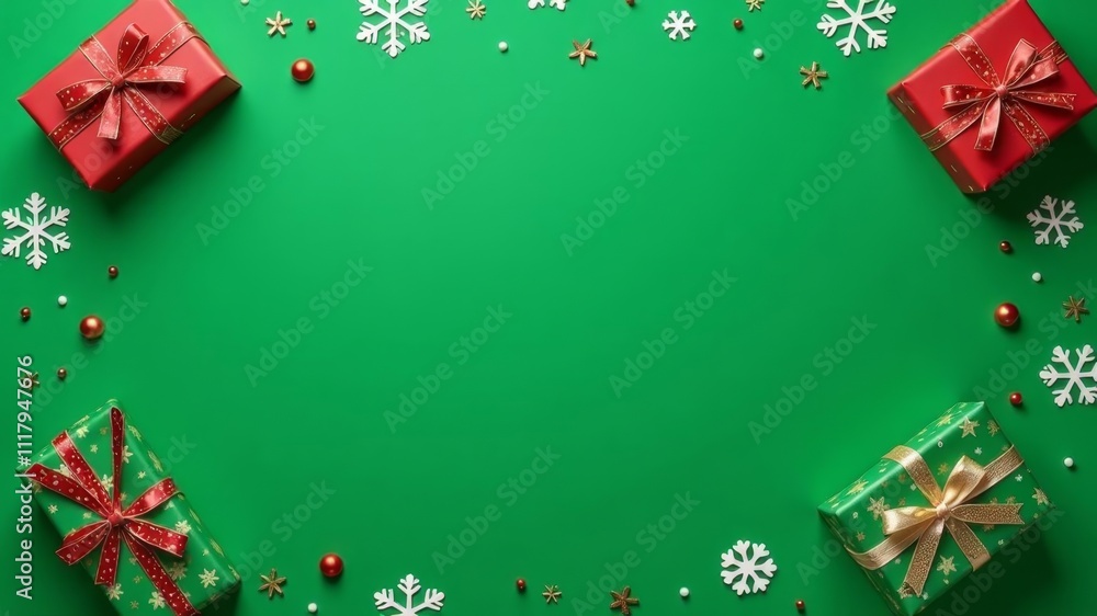 Green template with empty center for text, surrounded by gifts and snowflakes Green template with empty center for text, surrounded by gifts and snowflakes