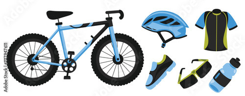 Essential Gear for a Thrilling Mountain Bike Adventure: Bicycle, Helmet, Jersey, Shoes, Sunglasses, and Water Bottle