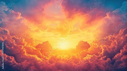 A vibrant sunrise illuminates the sky, casting warm colors through fluffy clouds, creating a serene and breathtaking natural scene.