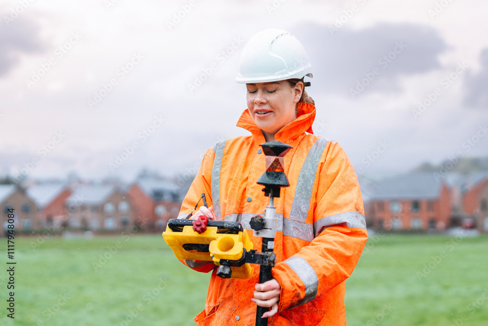 Woman construction worker using surveying equipment in a residential area on a cloudy day Woman construction worker using surveying equipment in a residential area on a cloudy day