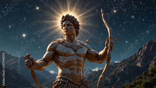 Statue of Apollo, the sun god, holding a bow and a solar disk in both hands, with a backdrop of sunny mountains and the starry sky, with carvings depicting him as a symbol of light and art. photo