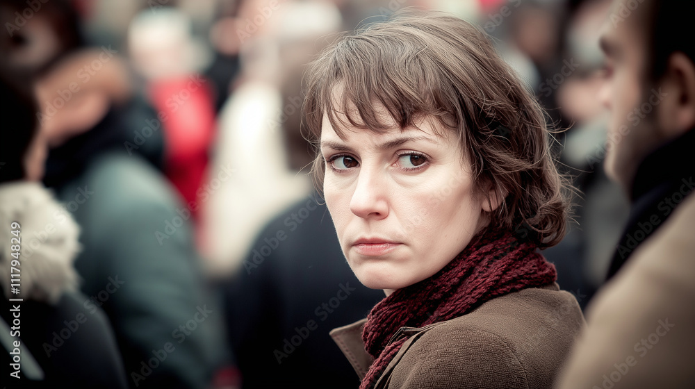Fototapeta premium Einsame, traurige Frau inmitten verschwommener Menschenmenge, symbolisiert Depression und Isolation in der Großstadt, emotionales Portrait