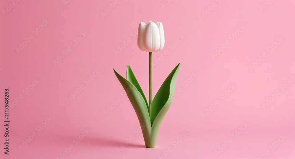 A delicate tulip figurine in full bloom on a plain pink background A delicate tulip figurine in full bloom on a plain pink background