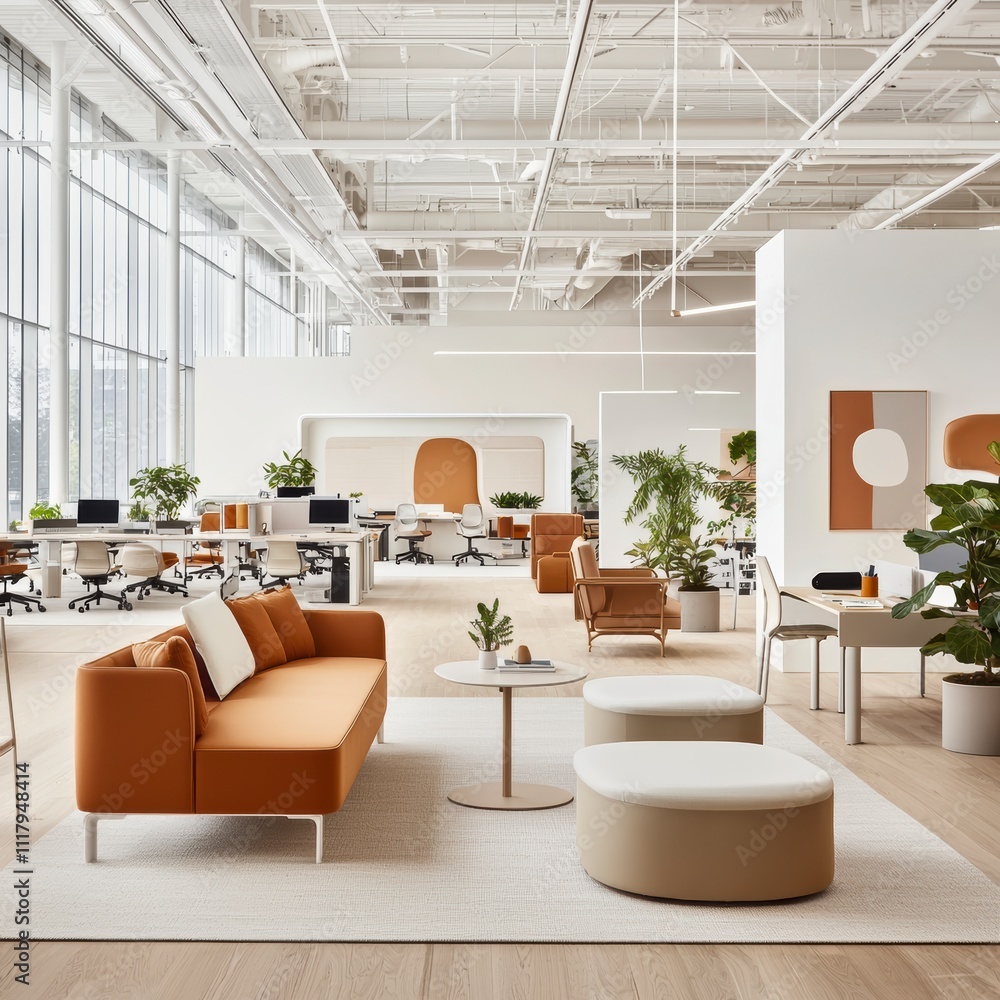 Modern and Minimalist Office Lounge Area with Orange Sofa and Plants Modern and Minimalist Office Lounge Area with Orange Sofa and Plants