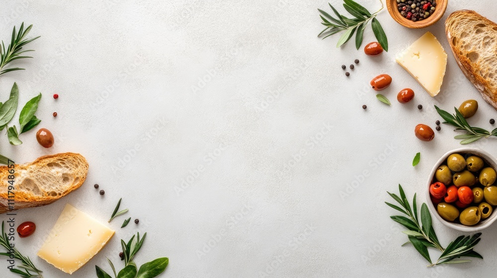 A beautiful spread of olives, creamy cheese, and crispy baguette set on a light concrete surface invites culinary exploration and enjoyment A beautiful spread of olives, creamy cheese, and crispy baguette set on a light concrete surface invites culinary exploration and enjoyment