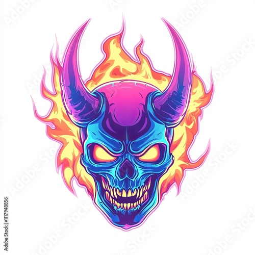 Flaming skull with horns, vibrant neon colors, graphic illustration. photo