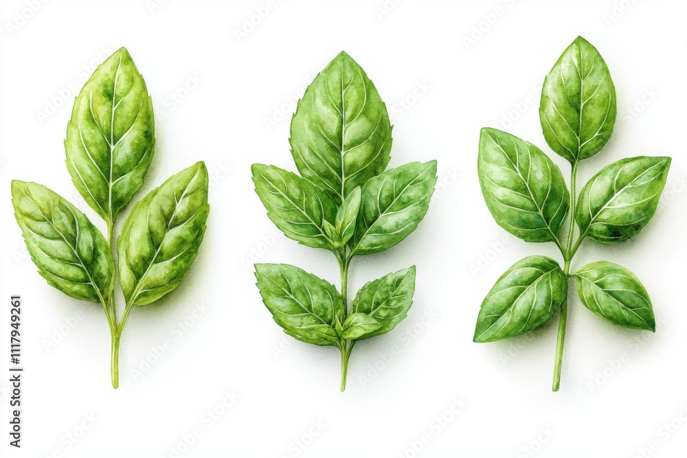 Three vibrant green leaves arranged on a white background, showcasing natural beauty.