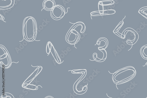 Seamless pattern of Arabic numerals. Chaotic monochrome set of decorative numbers. Icons drawn in one continuous line. Vector illustration white on a gray background