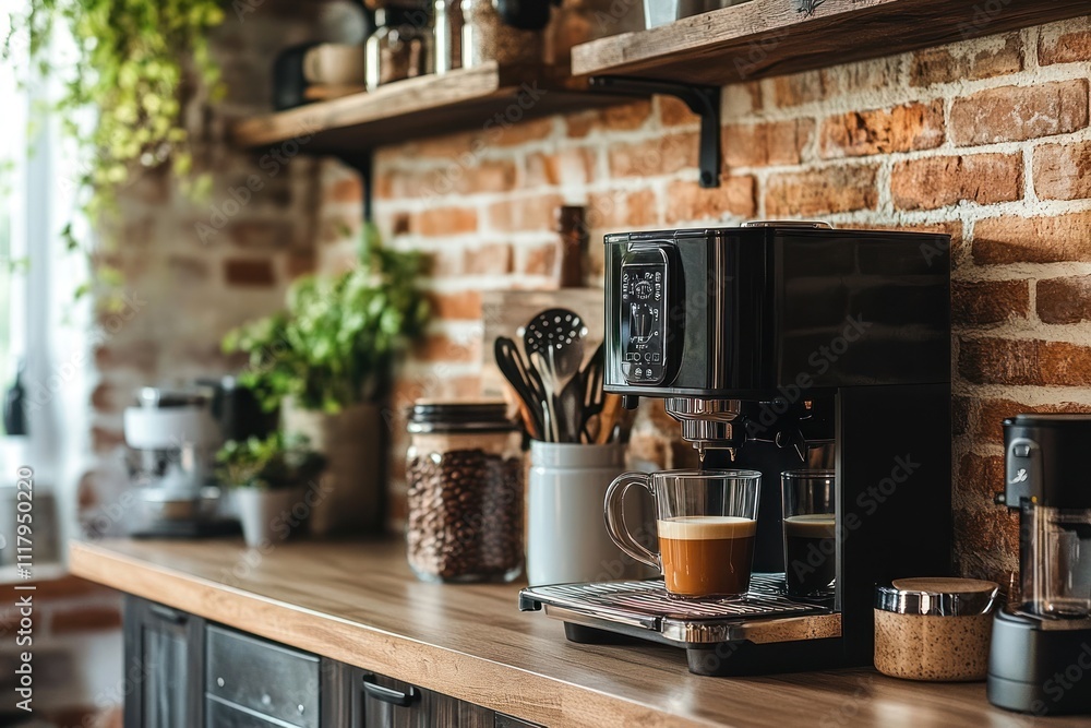 A modern coffee machine with a cup of coffee on the counter in a rustic kitchen. A modern coffee machine with a cup of coffee on the counter in a rustic kitchen.