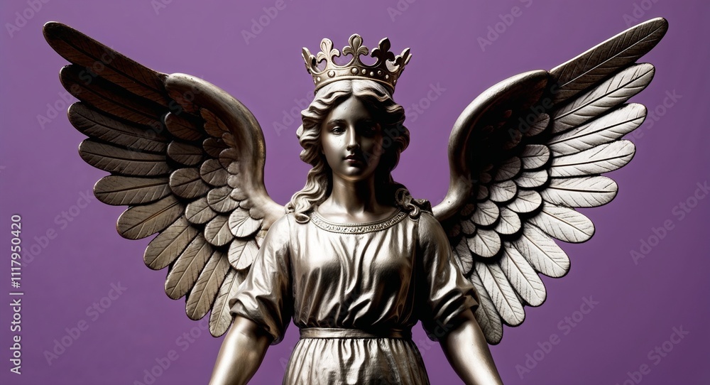 Fototapeta premium A majestic angel figurine with wings extended and a crown atop its head on a plain royal purple background
