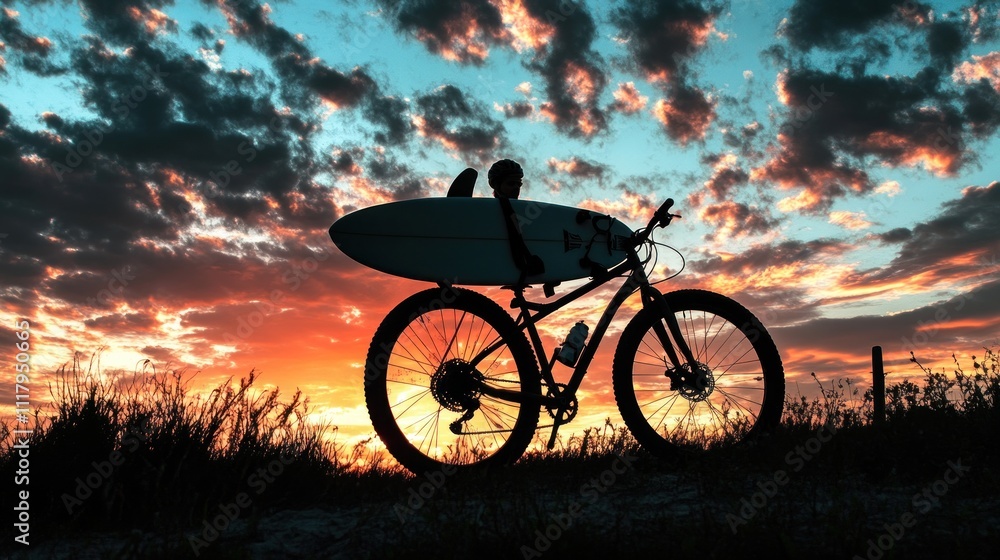 Obraz premium A silhouette of a bicycle with a surfboard against a vibrant sunset sky.