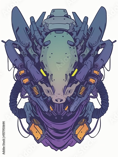 Futuristic robotic creature head, detailed illustration with vibrant purple, blue, and orange hues.