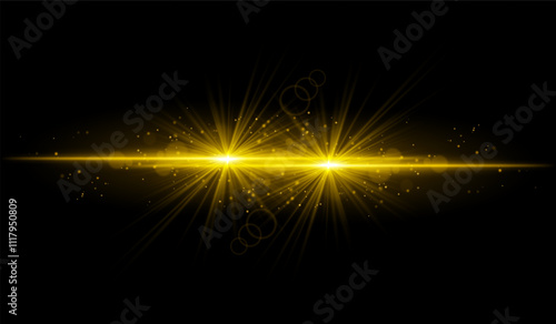 Dual golden starburst. Bright intersecting beams, glowing particles, radiant light effects, warm illumination, abstract lighting design, futuristic energy, decorative visuals