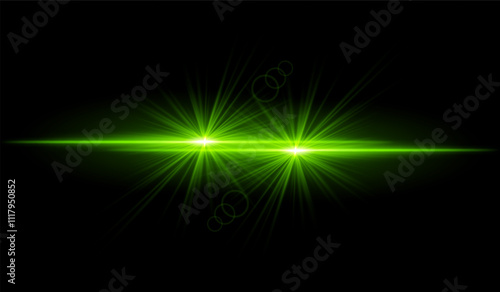 Dual green starburst. Bright intersecting beams, glowing particles, radiant light effects, warm illumination, abstract lighting design, futuristic energy, decorative visuals