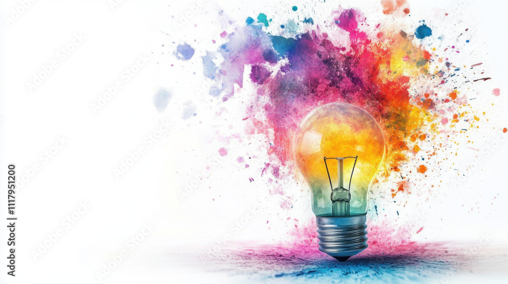 Vibrant explosion of colorful paint splashes surrounding a glowing lightbulb, symbolizing creativity and innovative ideas. Vibrant explosion of colorful paint splashes surrounding a glowing lightbulb, symbolizing creativity and innovative ideas.