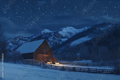 Santa's Reindeer Resting by a Warm Barn with Christmas Lights photo