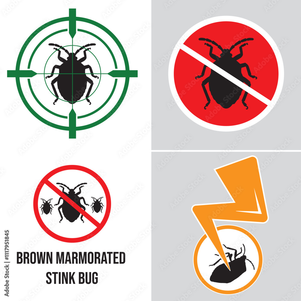 Brown marmorated stink bug icon silhouette. Red Target pesticide stop sign. insect repellent Brown marmorated stink bug icon silhouette. Red Target pesticide stop sign. insect repellent