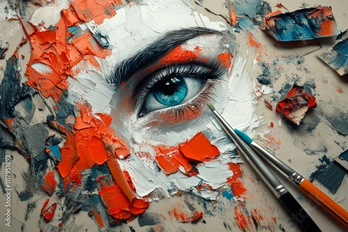 Vibrant palette knife painting of eye with brushes and abstract texture