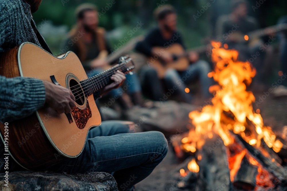 Fototapeta premium Outdoor campfire jam with group of young caucasian adults playing guitars