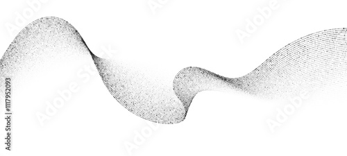 Abstract vector halftone dotted wavy lines with a smooth curve, in a black color, flow on a transparent background. Design for luxury, technology, science, and music concept