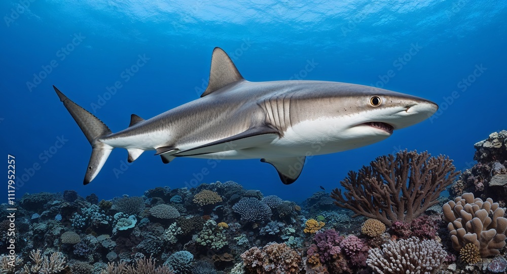 Obraz premium A sleek shark swimming gracefully through coralfilled waters