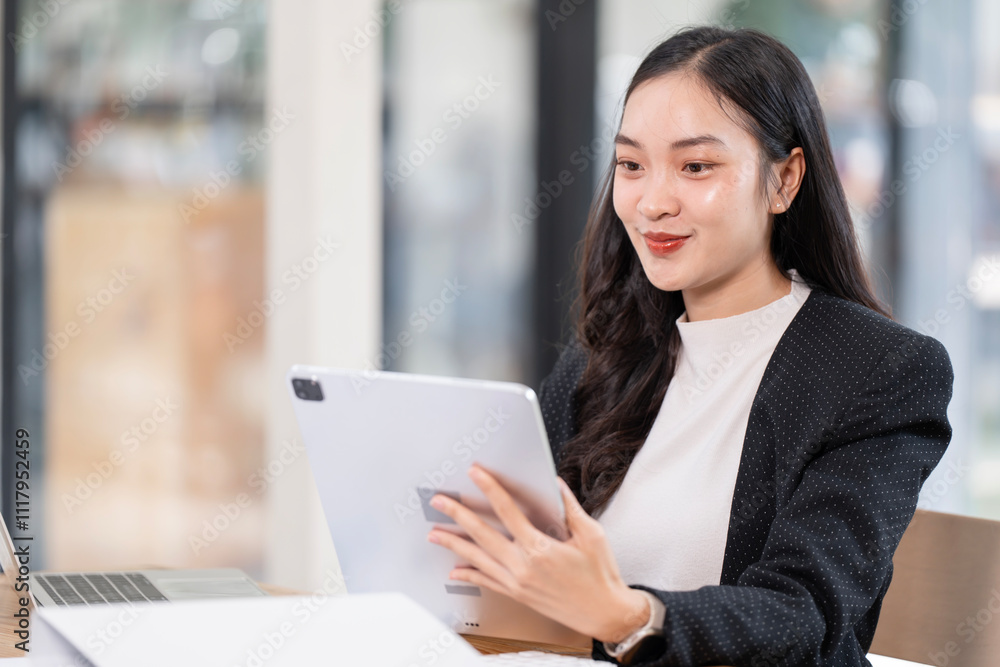 Happy female entrepreneur using touchpad digital tablet while working in the office, looking at device screen. Happy female entrepreneur using touchpad digital tablet while working in the office, looking at device screen.