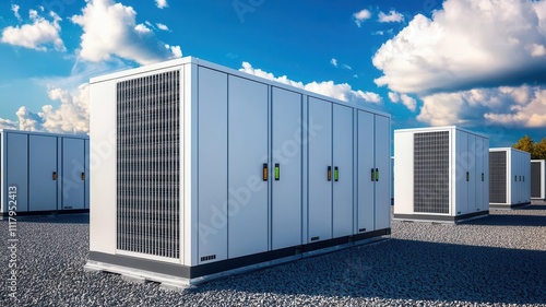 battery replacement power concept. Large battery arrays being replaced in a commercial energy storage facility, focus on green power infrastructure