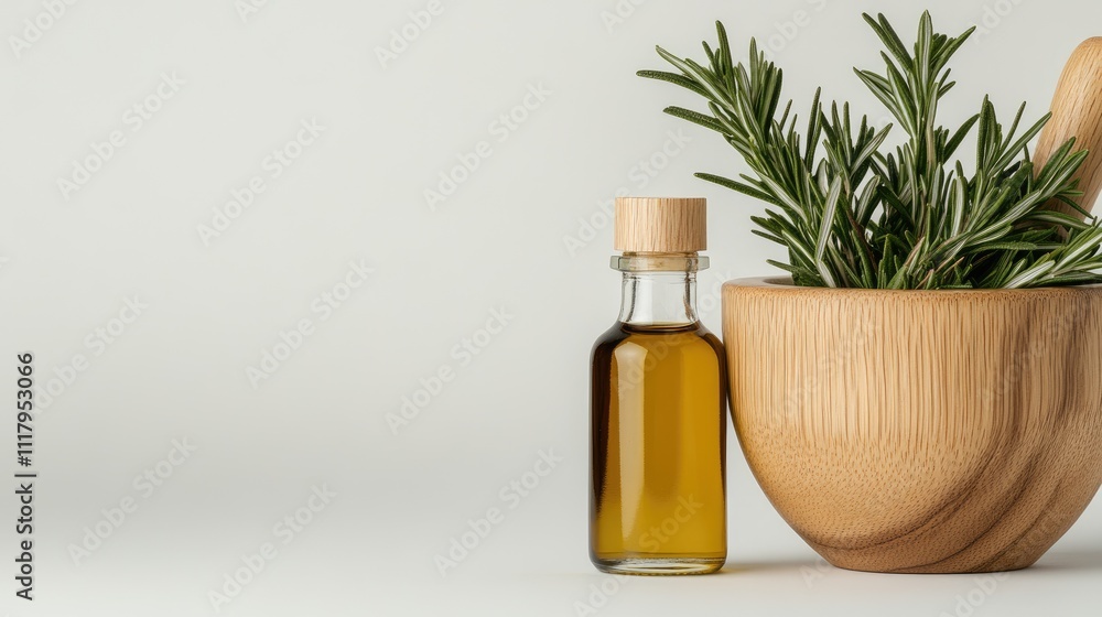 Fresh rosemary and black thyme are displayed in a wooden mortar alongside oil bottles, showcasing aromatic culinary ingredients Fresh rosemary and black thyme are displayed in a wooden mortar alongside oil bottles, showcasing aromatic culinary ingredients