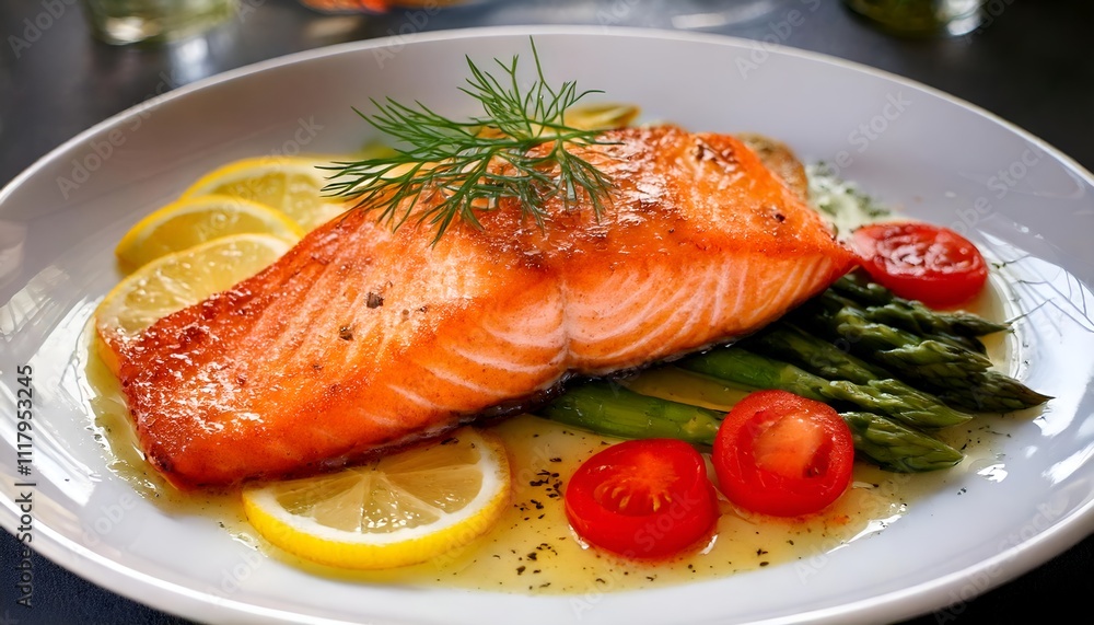 Close-up of a Delicious Grilled Salmon Fillet with Lemon, Asparagus, and Cherry Tomatoes on a White Plate Close-up of a Delicious Grilled Salmon Fillet with Lemon, Asparagus, and Cherry Tomatoes on a White Plate