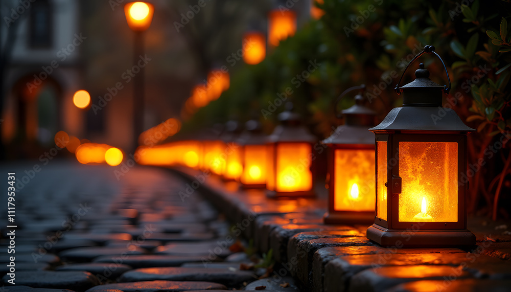 Candle-lit Lanterns on a Cobblestone Path Candle-lit Lanterns on a Cobblestone Path