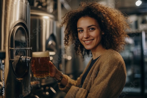 Caucasian female brewer with a pint of beer in brewery setting photo