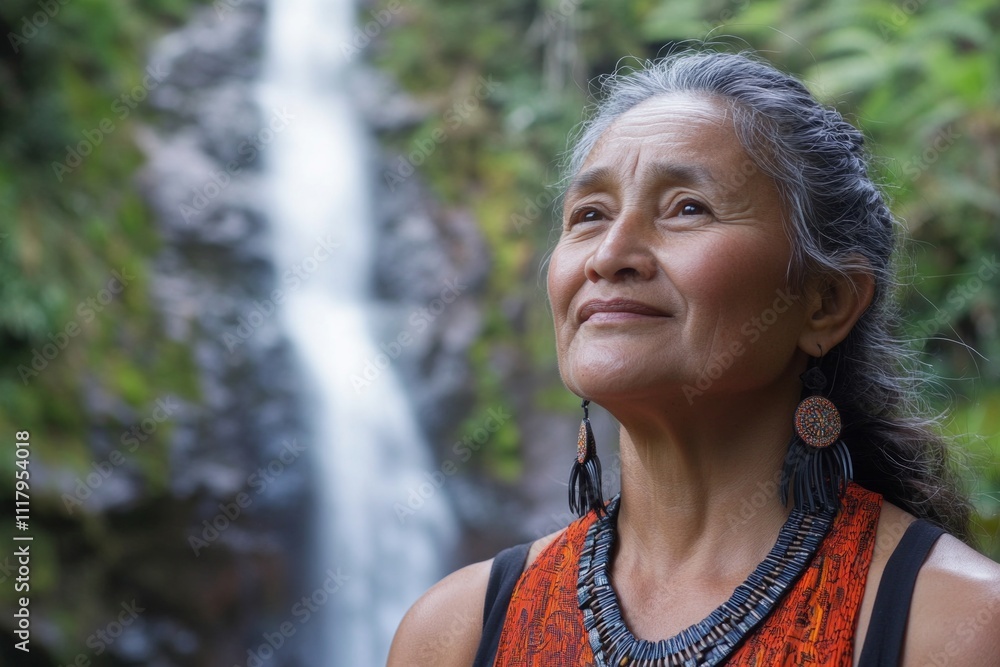 Mature hispanic woman reflecting in nature by a waterfall Mature hispanic woman reflecting in nature by a waterfall